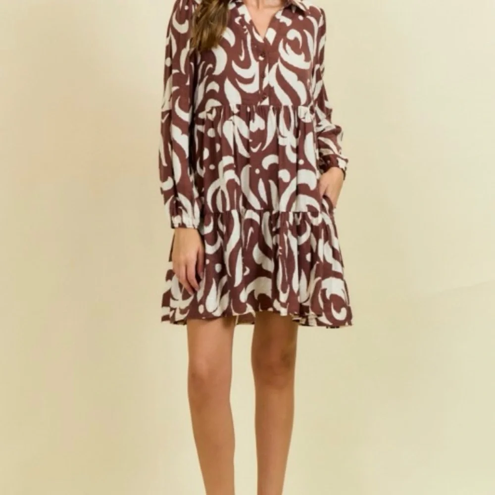 Doe and Rae Chocolate Leaf Printed Poplin Half Button Down Mini Dress - Picture 5 of 5